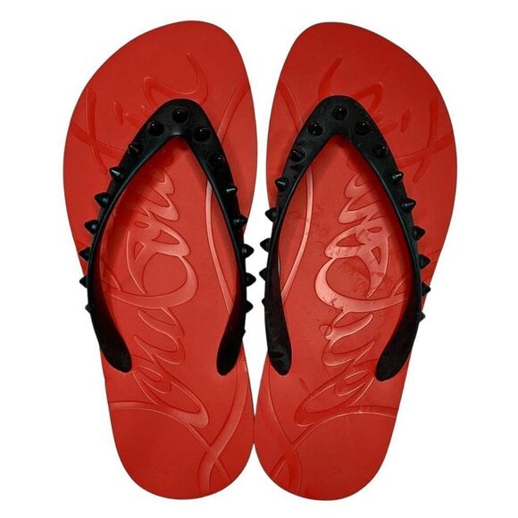 Christian Louboutin Studded Black Rubber Loubi Flip Flop Thong Sandal EU 37 US 7 - Picture 8 of 10